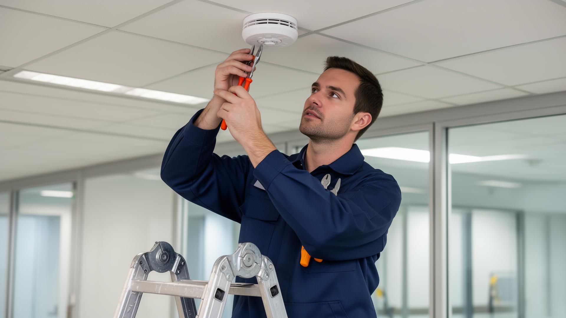 NICEIC approved engineer testing a mains-interlinked smoke alarm in a London rental property